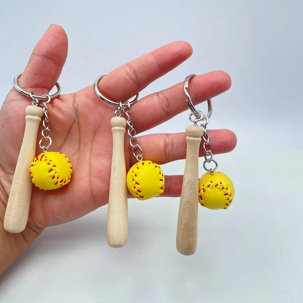 Vintage Silver Tone Mini‎ Yellow Soft Baseball Wood Bat Charm Keychain Statement
